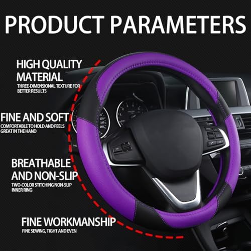 BESULEN 15 Inch Steering Wheel Cover Soft Leather Protector Black/Purple - Image 6
