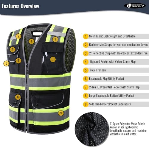 JKSafety 9 Pockets Hi-Vis Black Safety Vest - Image 3