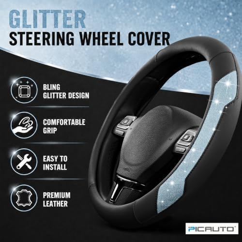 PIC AUTO Steering Wheel Cover, Light Blue Sparkly Crystal Bling Glitter - Image 2