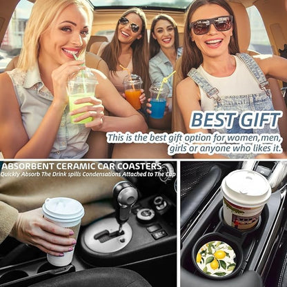 Cup Holder for Car, Lemons and White Flowers Ceramic Coasters Non-Slip Cup - Image 5