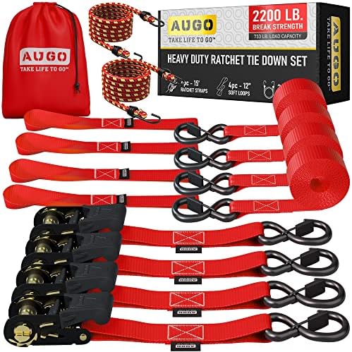 AUGO Ratchet Straps Heavy Duty 4 Pack -15 FT - 2200 LB Break Strength – - Cargo by AUGO