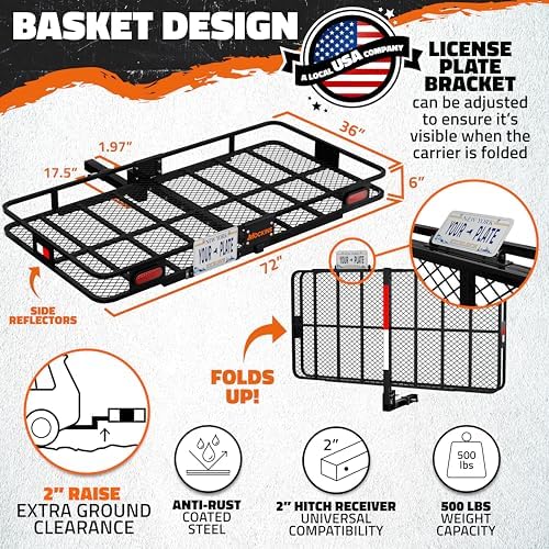 Mockins 72"x36"x6" XXL Folding Trailer Hitch Cargo Carrier w/ 500 Lbs. Cap - Image 3