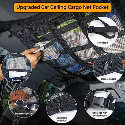 Car Ceiling Cargo Net with 3 Pockets, 31.5"x21.6" Car Overhead Storage Mesh - Image 3