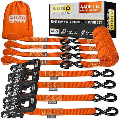 AUGO Heavy Duty Ratchet Straps & Soft Loops – Pack of 4 Extra Strong 1.5” by by AUGO