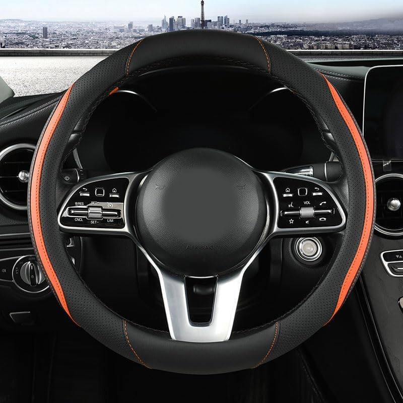 Szttswamp Car Steering Wheel Cover, Microfiber Leather Orange 14.5-15 Inch - Image 3