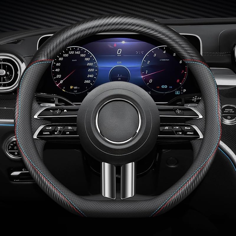 Microfiber Leather Steering Wheel Cover, D-Shape Carbon Fiber Two-Tone Wire Trim by Unknown