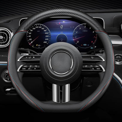 Microfiber Leather Steering Wheel Cover, D-Shape Carbon Fiber Two-Tone Wire Trim by Unknown