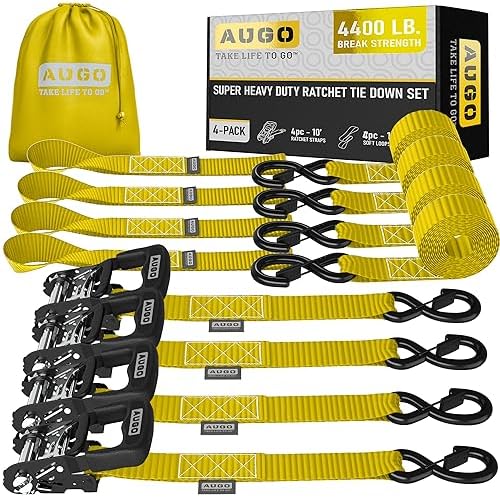 AUGO Heavy Duty Ratchet Straps & Soft Loops – Pack of 4 Extra Strong 1.5” by by AUGO