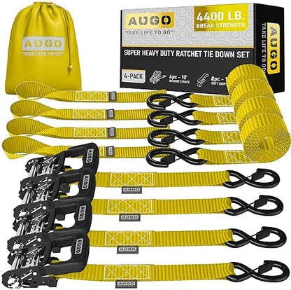 AUGO Heavy Duty Ratchet Straps & Soft Loops – Pack of 4 Extra Strong 1.5” by by AUGO