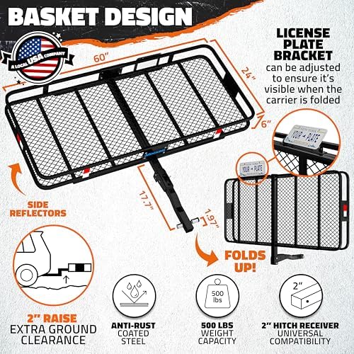 Mockins 60"x24"x6" Heavy Duty Steel Folding Trailer Hitch Cargo Carrier - Image 2
