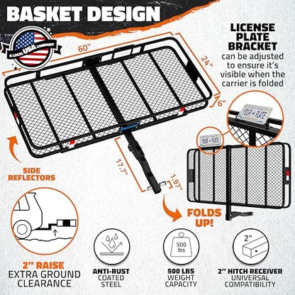 Mockins 60"x24"x6" Heavy Duty Steel Folding Trailer Hitch Cargo Carrier - Image 2