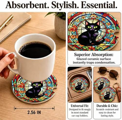 Black Cat Stained Glass Car Coasters, Retro Floral Gothic Cup Holders - Image 3